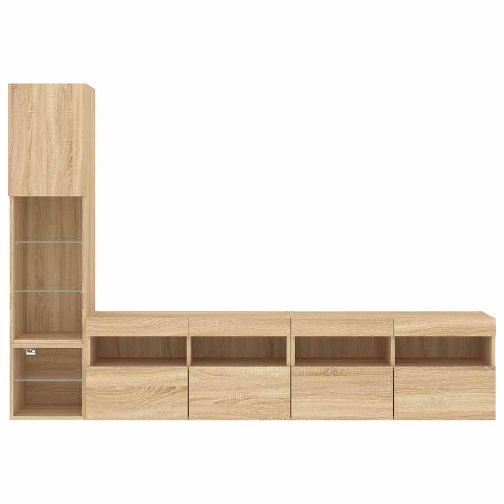Sieninė TV sekcija su LED, 4 dalių, ąžuolo, apdirbta mediena