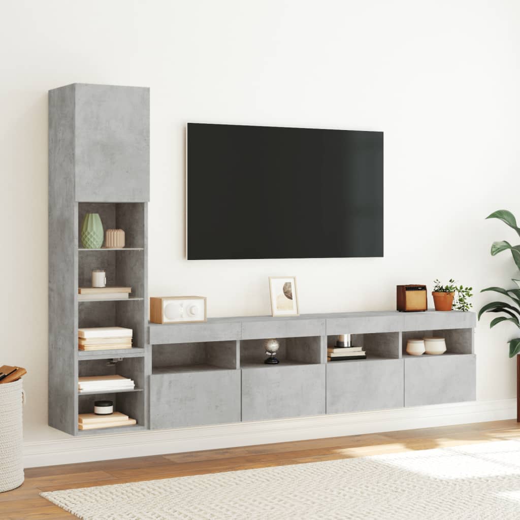 Sieninė TV sekcija su LED, 4 dalių, betono, apdirbta mediena