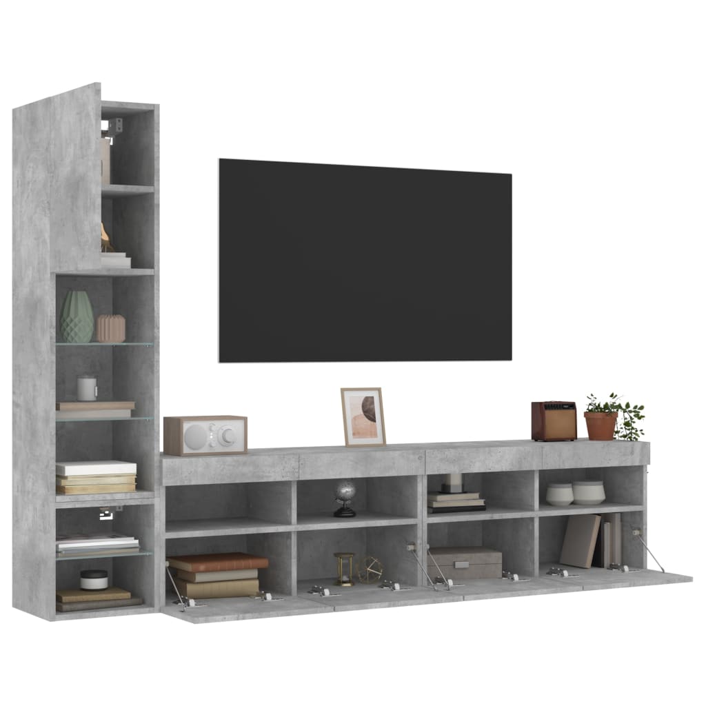 Sieninė TV sekcija su LED, 4 dalių, betono, apdirbta mediena