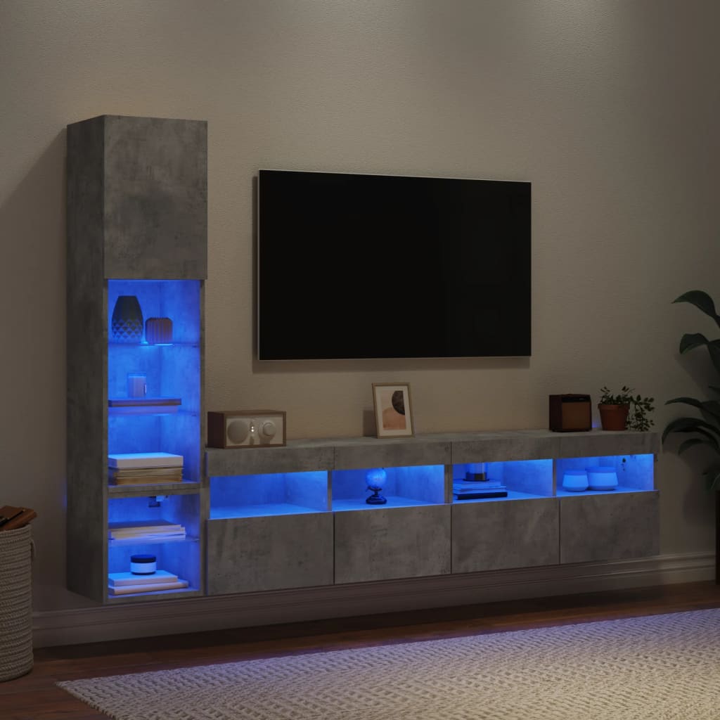 Sieninė TV sekcija su LED, 4 dalių, betono, apdirbta mediena