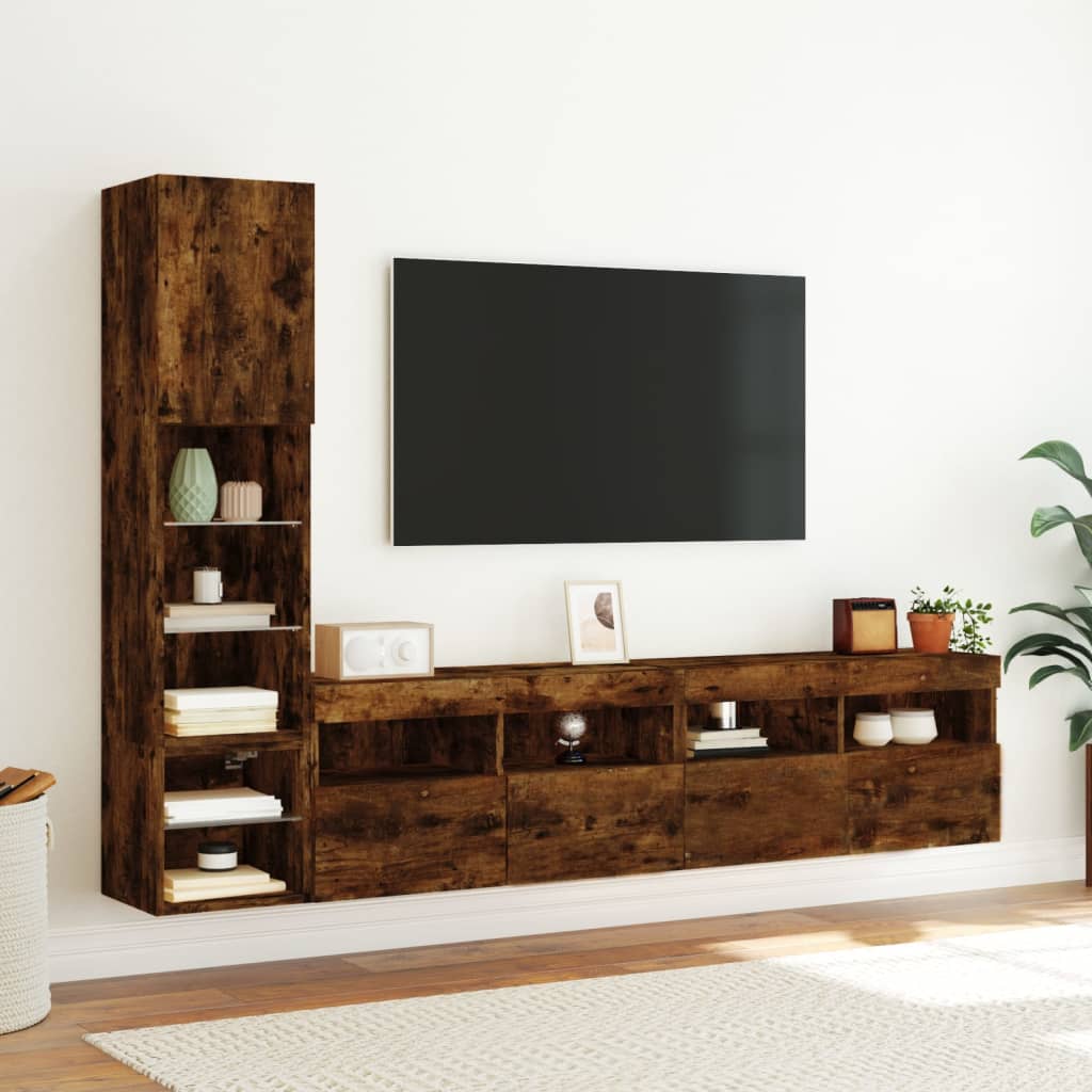 Sieninė TV sekcija su LED, 4 dalių, dūminio ąžuolo, mediena