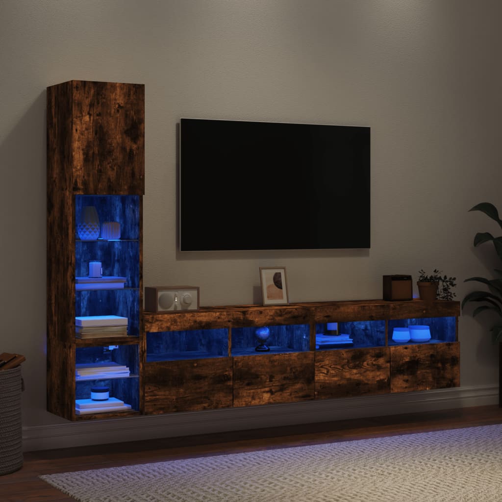 Sieninė TV sekcija su LED, 4 dalių, dūminio ąžuolo, mediena