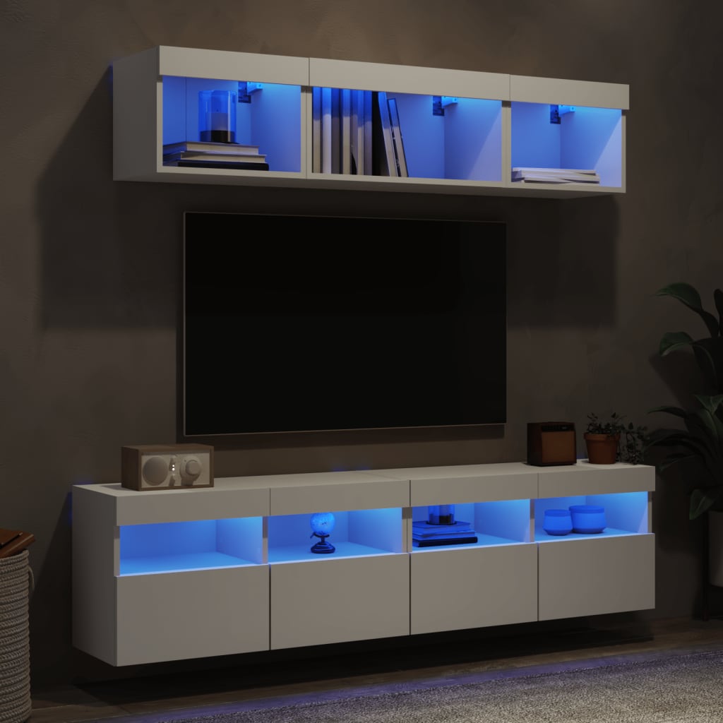 LED sienas TV skapis, 5 daļas, balts, inženierijas koks