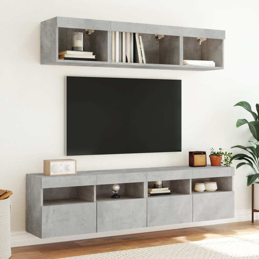 LED sienas TV sekcija, 5 daļas, apstrādāta koka ar betona izskatu