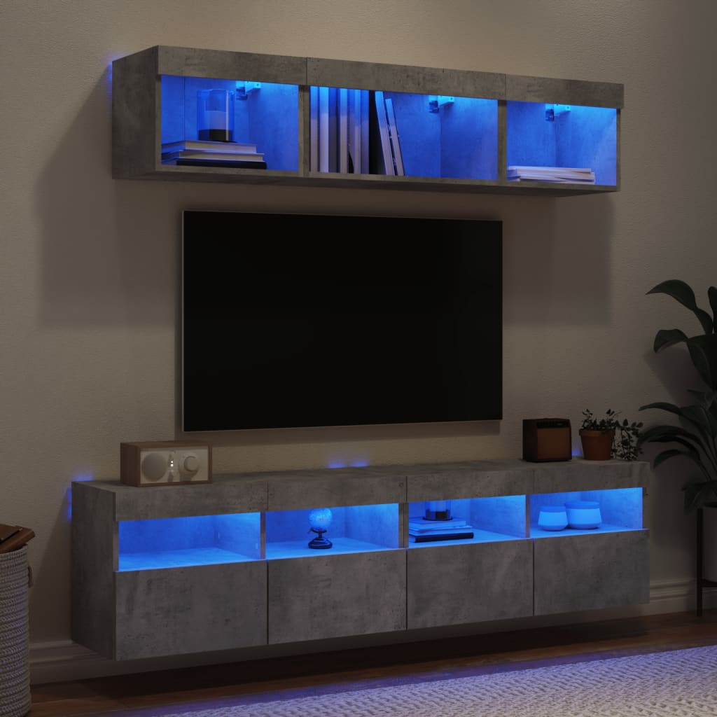 LED sienas TV sekcija, 5 daļas, apstrādāta koka ar betona izskatu