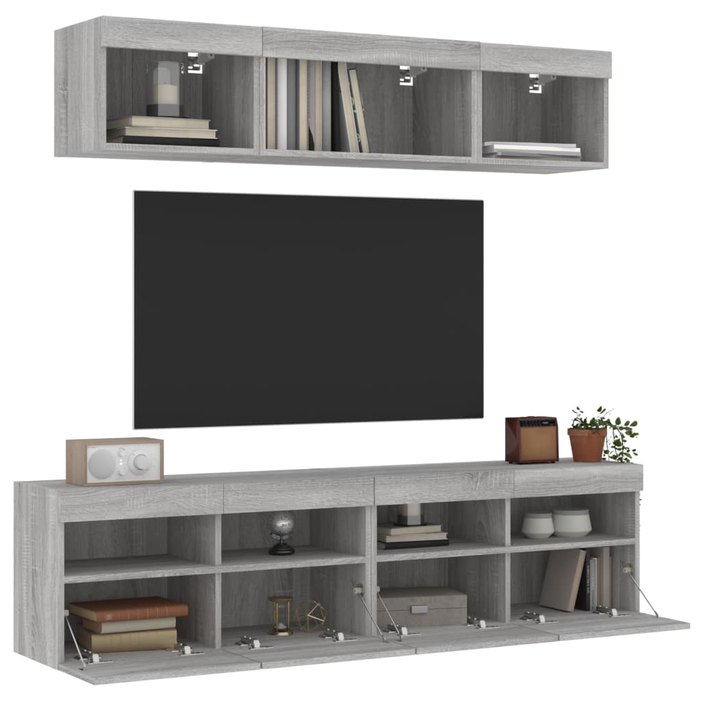 Sieninė TV sekcija su LED, 5 dalių, pilka ąžuolo, mediena