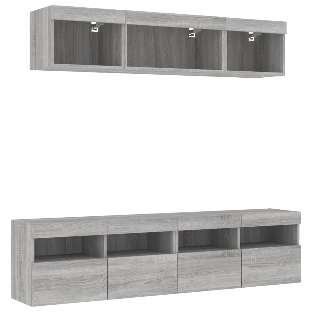 Sieninė TV sekcija su LED, 5 dalių, pilka ąžuolo, mediena