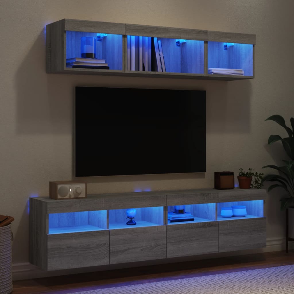 Sieninė TV sekcija su LED, 5 dalių, pilka ąžuolo, mediena