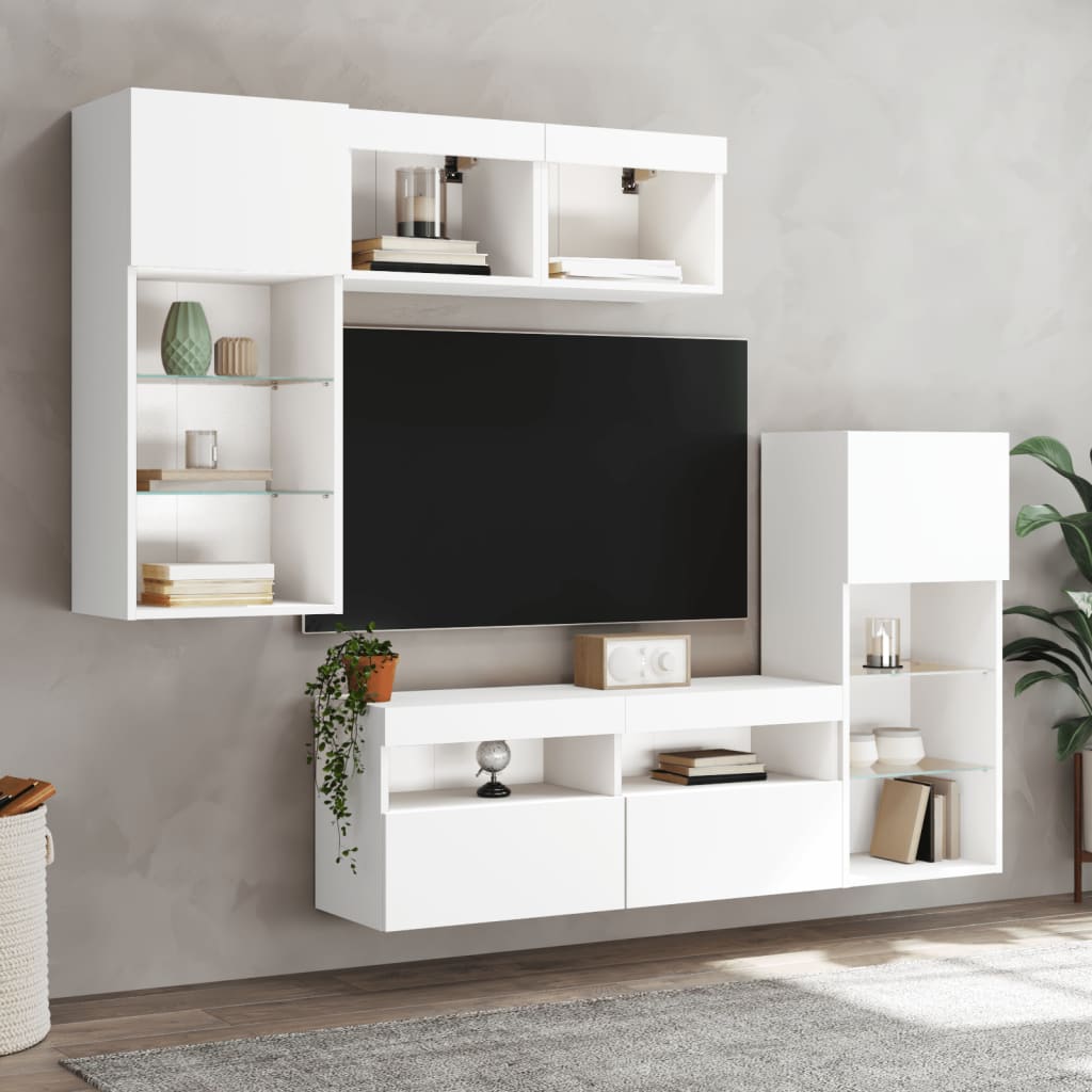 Sieninė TV sekcija su LED, 5 dalių, balta, apdirbta mediena