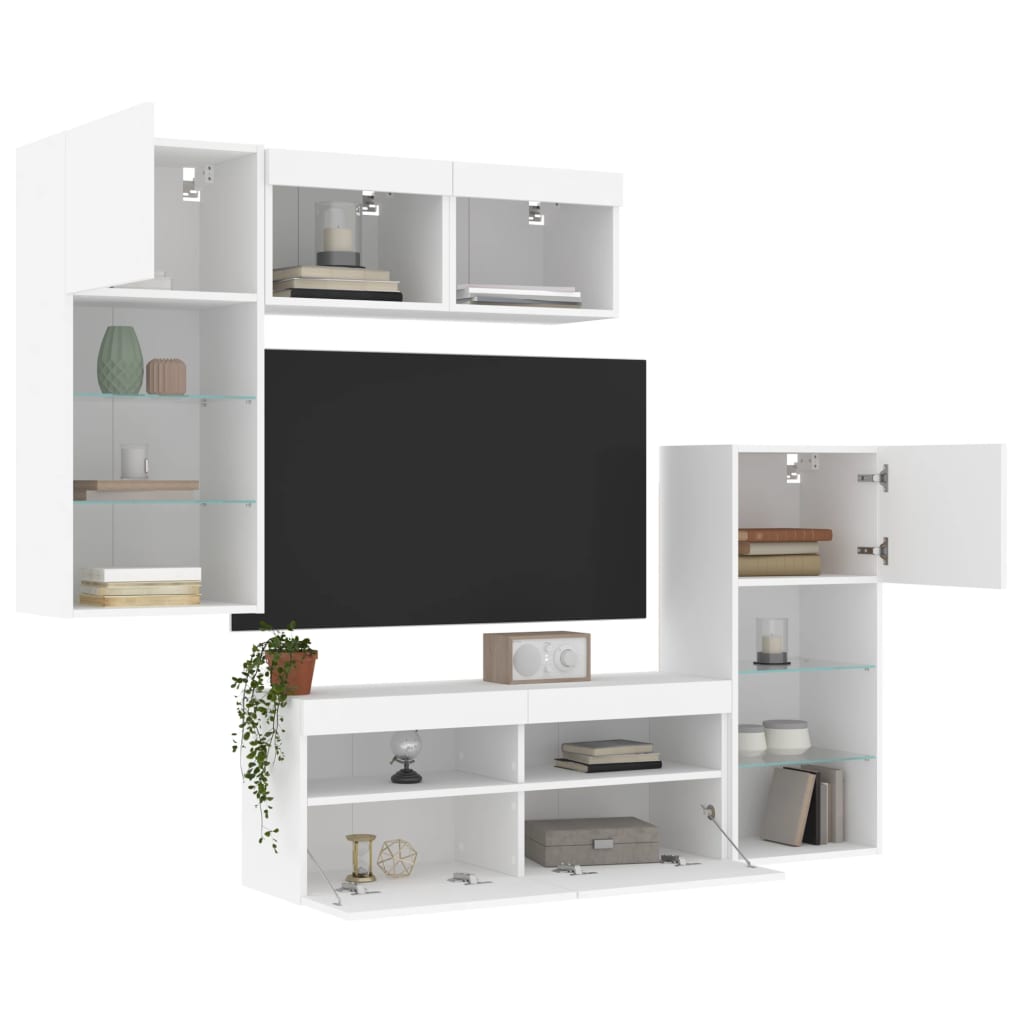 Sieninė TV sekcija su LED, 5 dalių, balta, apdirbta mediena