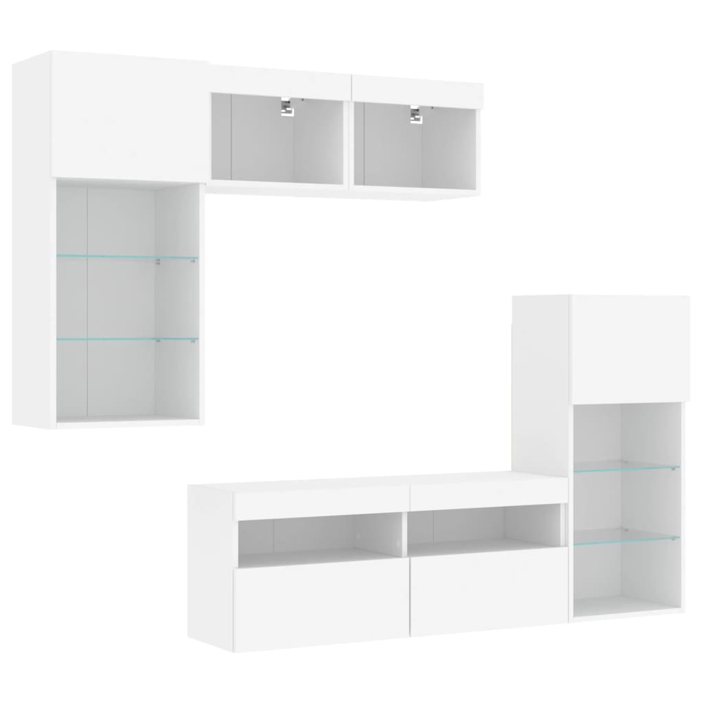 Sieninė TV sekcija su LED, 5 dalių, balta, apdirbta mediena