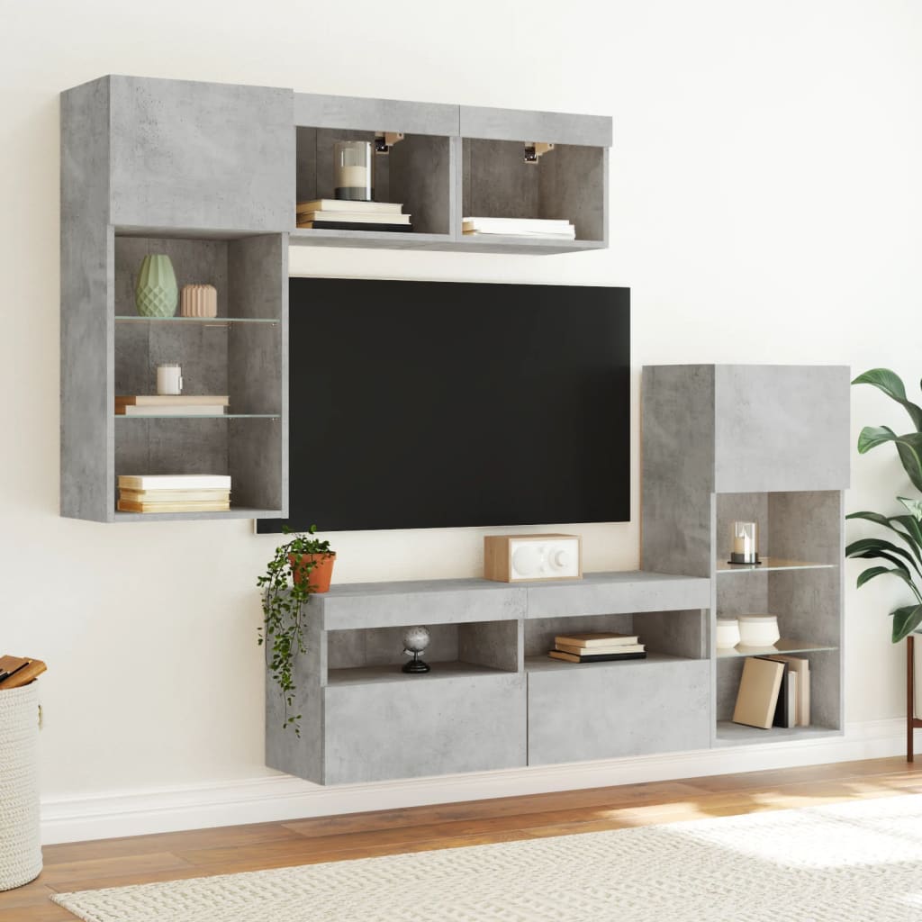 Sieninė TV sekcija su LED, 5 dalių, betono, apdirbta mediena