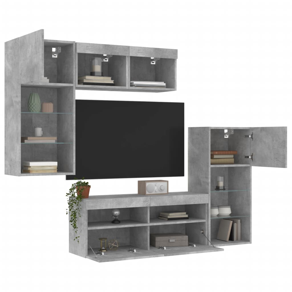 Sieninė TV sekcija su LED, 5 dalių, betono, apdirbta mediena