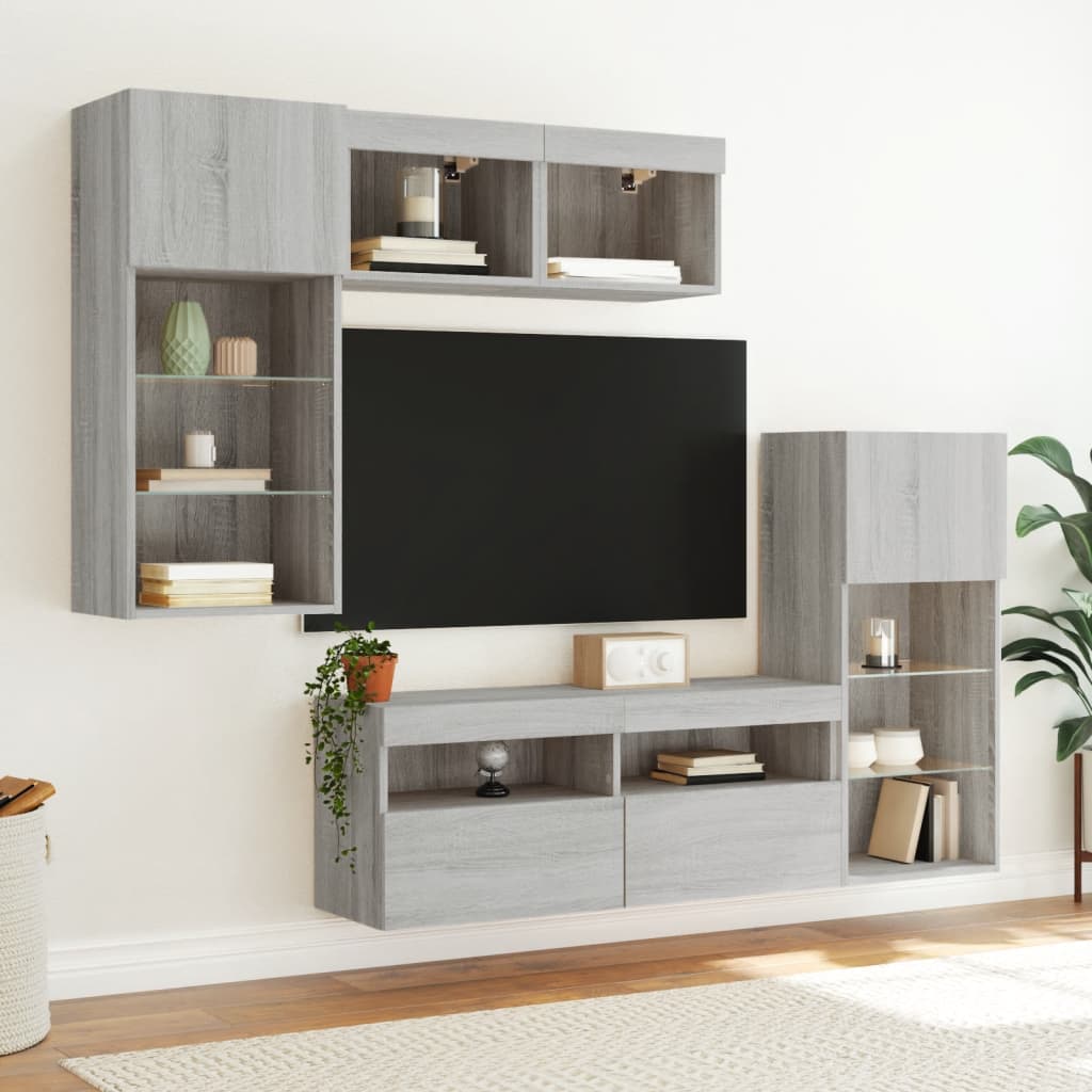 Sieninė TV sekcija su LED, 5 dalių, pilka ąžuolo, mediena