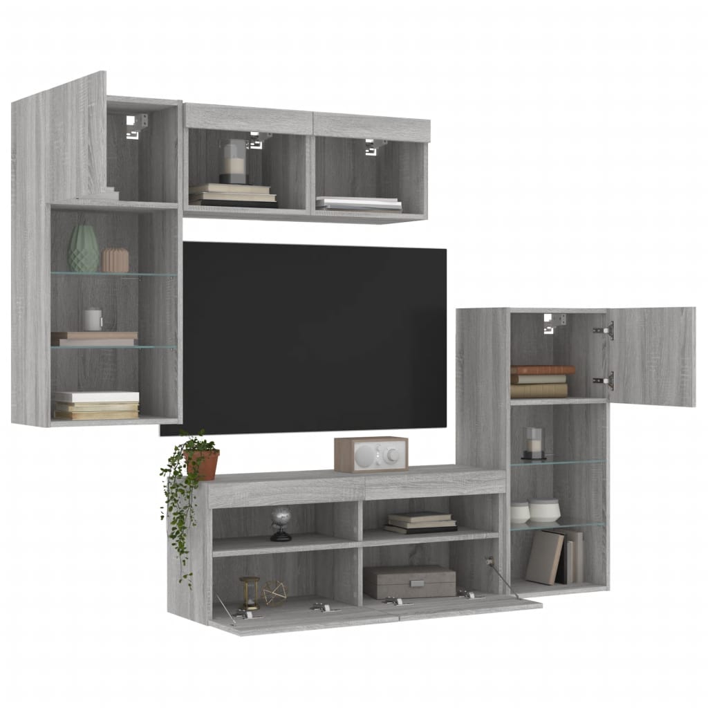 Sieninė TV sekcija su LED, 5 dalių, pilka ąžuolo, mediena