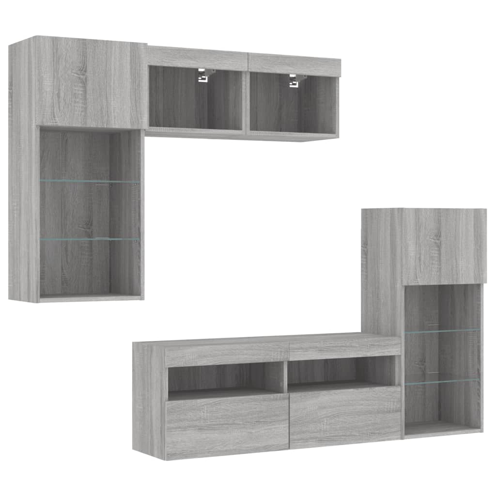 Sieninė TV sekcija su LED, 5 dalių, pilka ąžuolo, mediena