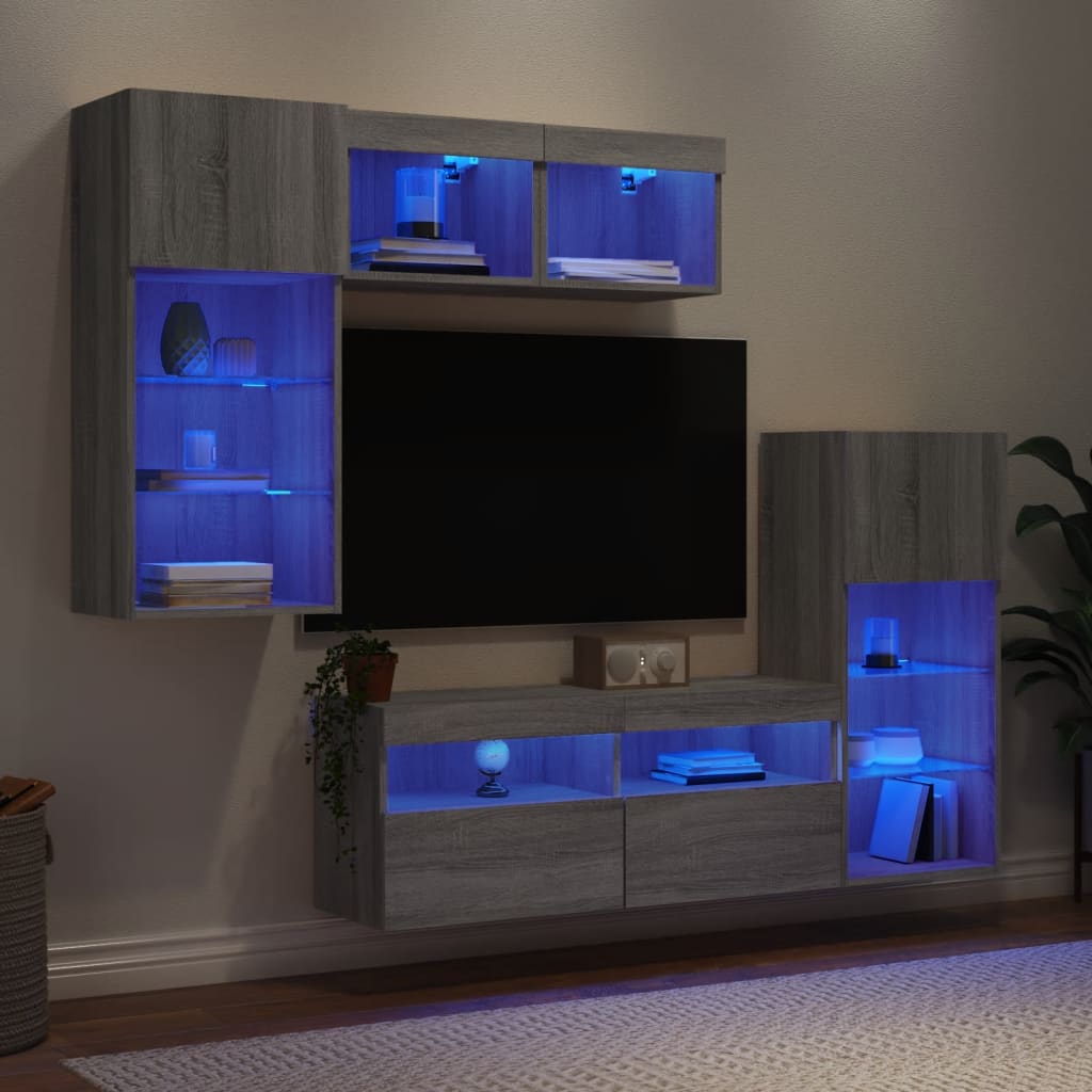 Sieninė TV sekcija su LED, 5 dalių, pilka ąžuolo, mediena