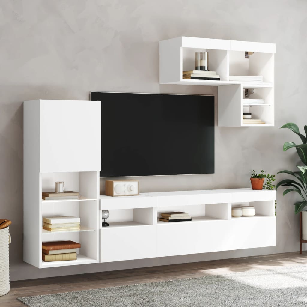 Sienas TV plaukts ar LED apgaismojumu, 6 daļas, balts, inženierijas koks