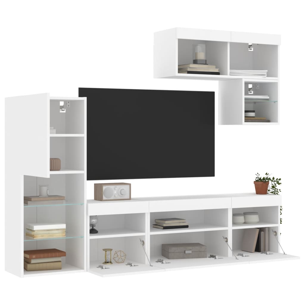 Sienas TV plaukts ar LED apgaismojumu, 6 daļas, balts, inženierijas koks