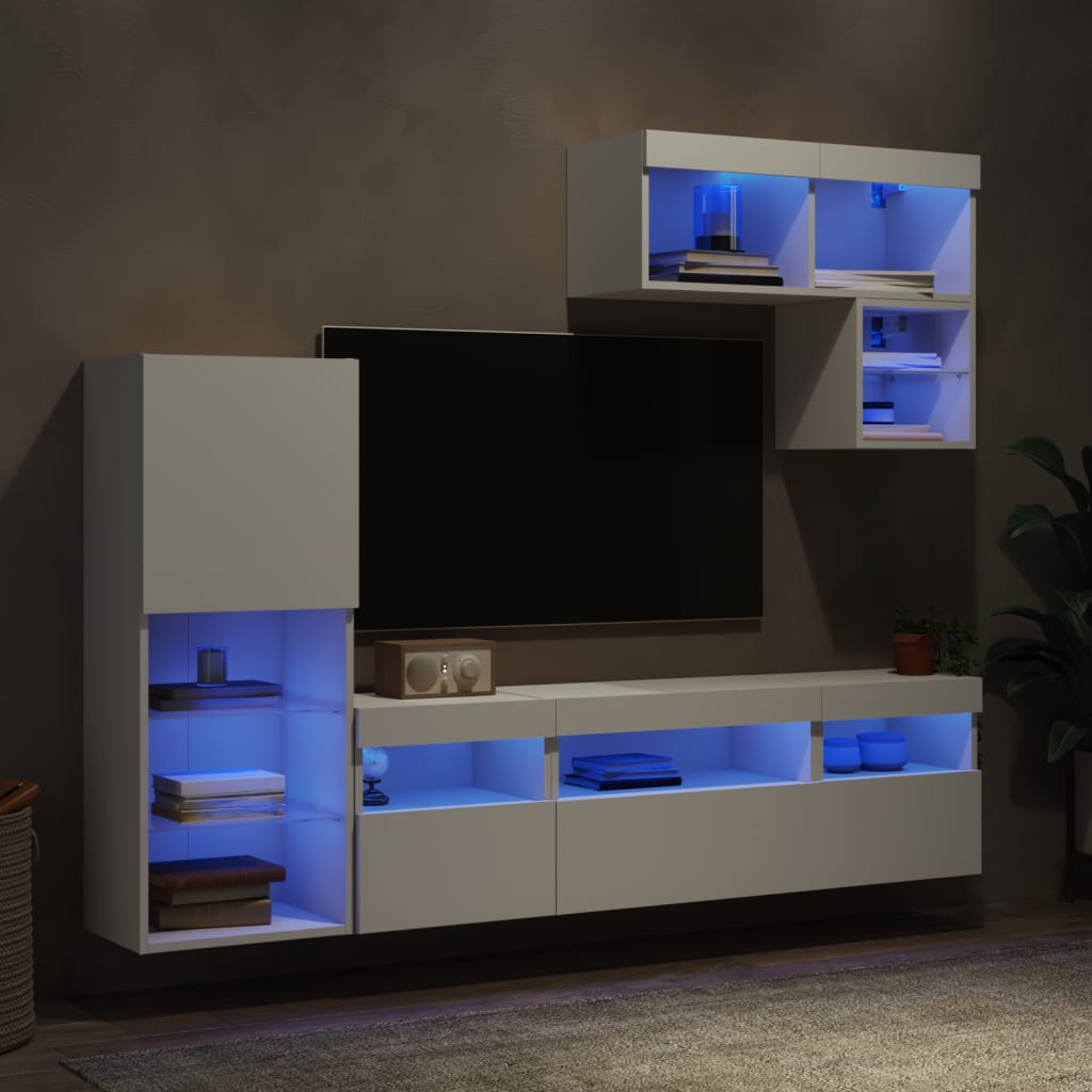 Sienas TV plaukts ar LED apgaismojumu, 6 daļas, balts, inženierijas koks