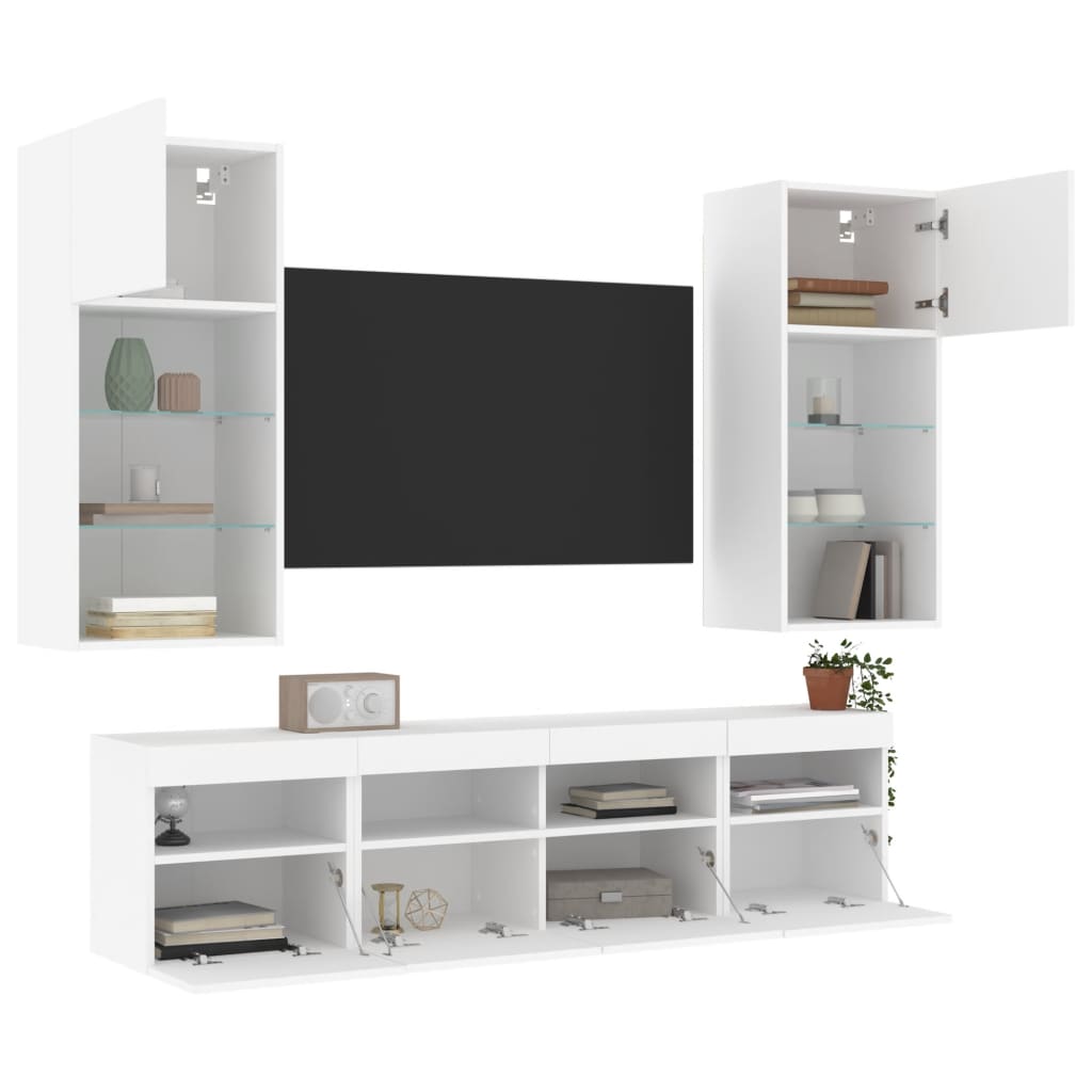Sieninė TV sekcija su LED, 5 dalių, balta, apdirbta mediena