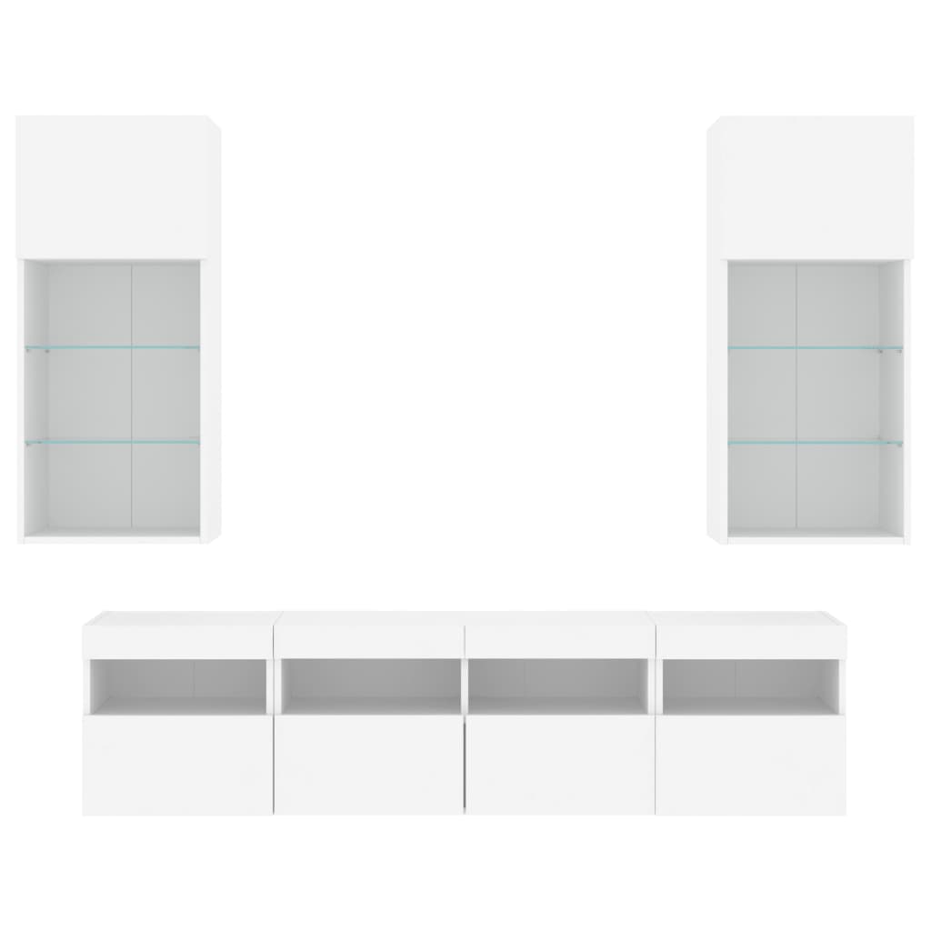 Sieninė TV sekcija su LED, 5 dalių, balta, apdirbta mediena