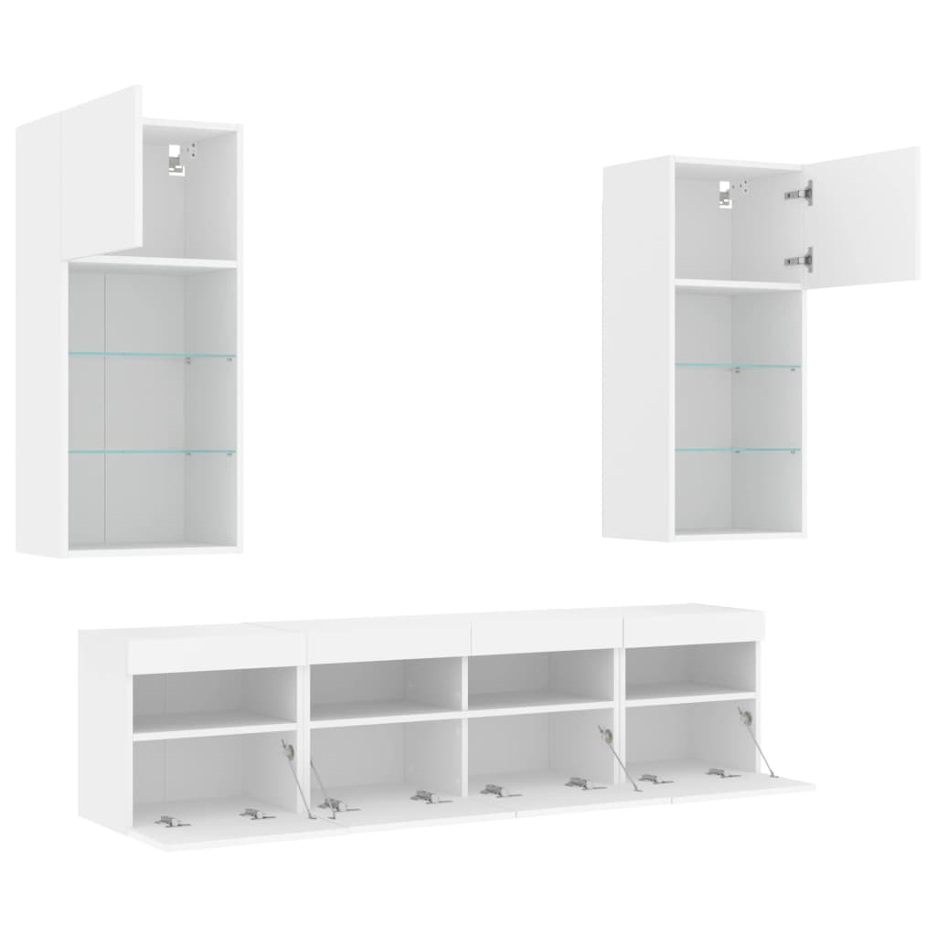 Sieninė TV sekcija su LED, 5 dalių, balta, apdirbta mediena