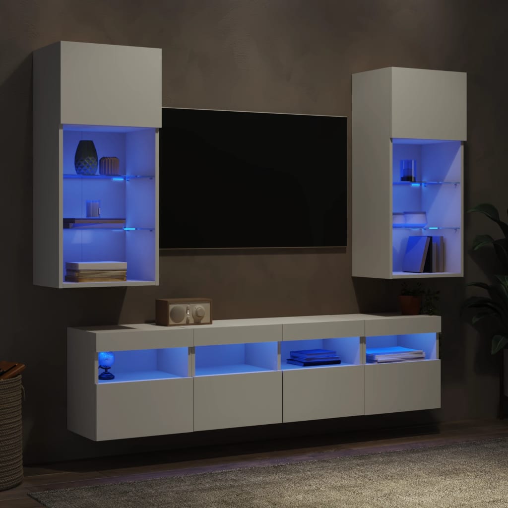 Sieninė TV sekcija su LED, 5 dalių, balta, apdirbta mediena