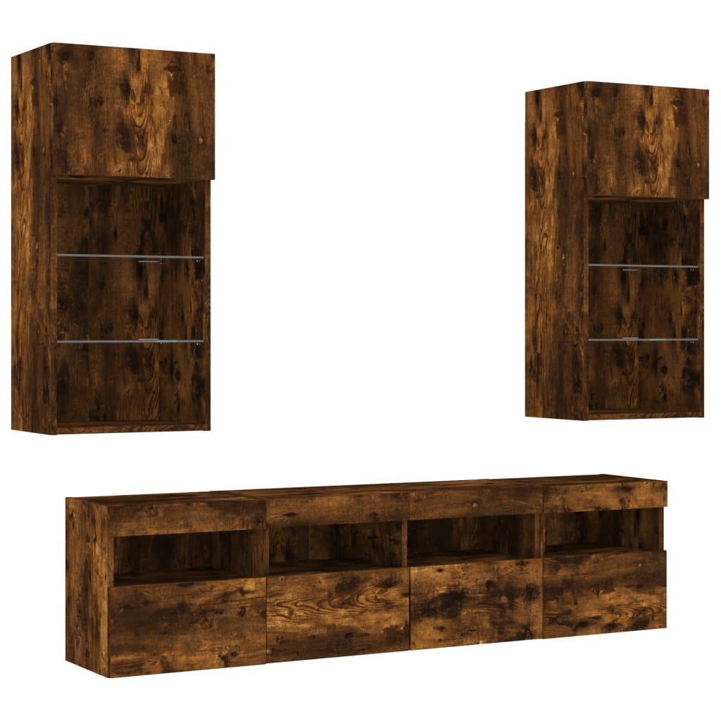 TV wall unit with LED, 5-piece, smoked oak, engineered wood
