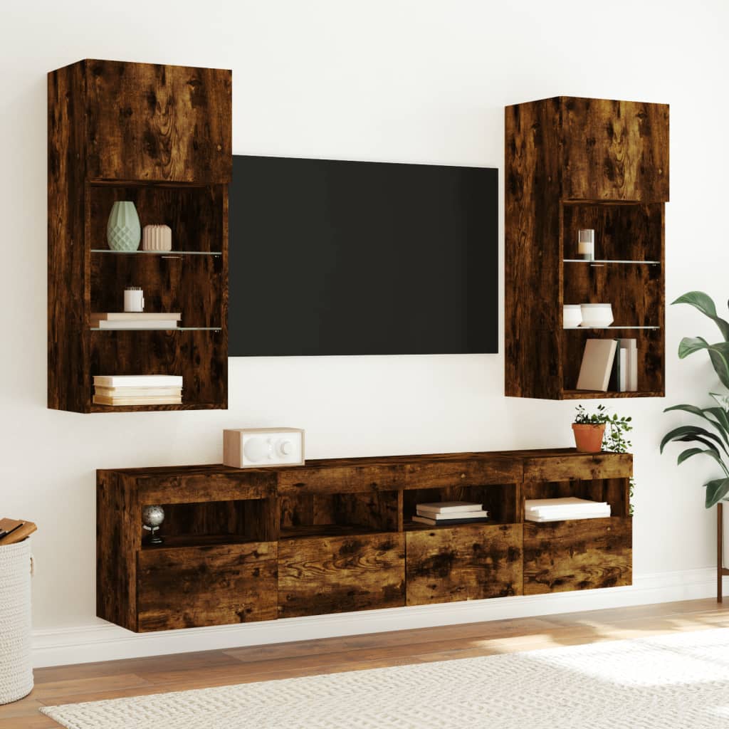 TV wall unit with LED, 5-piece, smoked oak, engineered wood