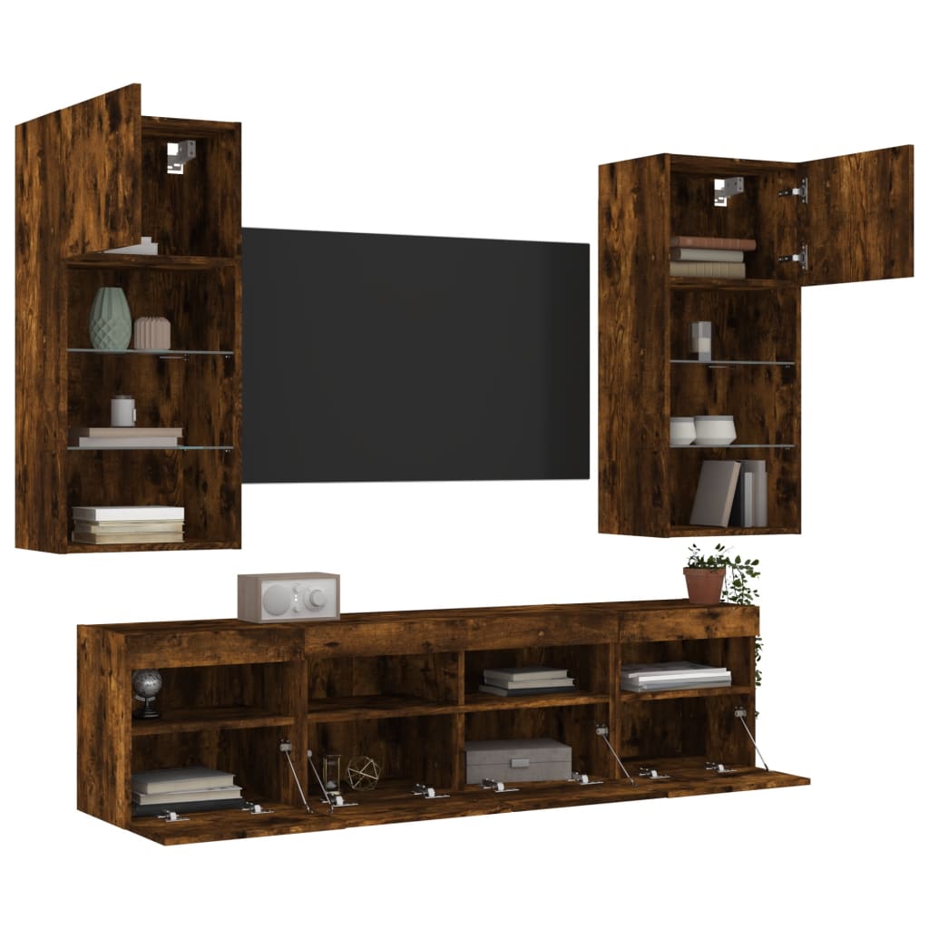 TV wall unit with LED, 5-piece, smoked oak, engineered wood