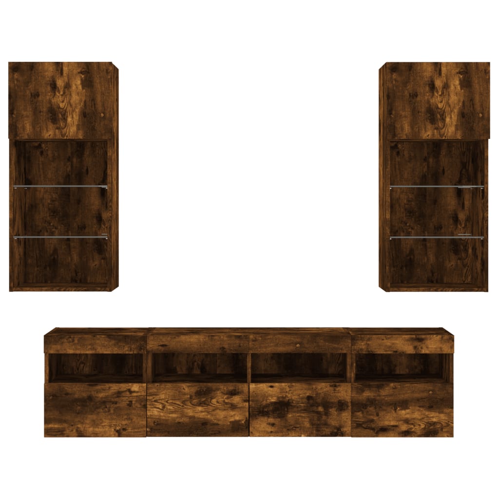 TV wall unit with LED, 5-piece, smoked oak, engineered wood