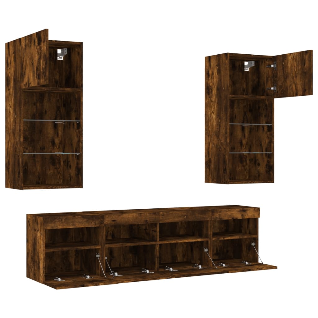 TV wall unit with LED, 5-piece, smoked oak, engineered wood