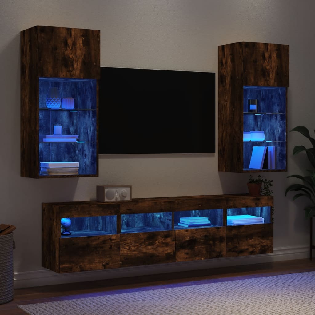 TV wall unit with LED, 5-piece, smoked oak, engineered wood
