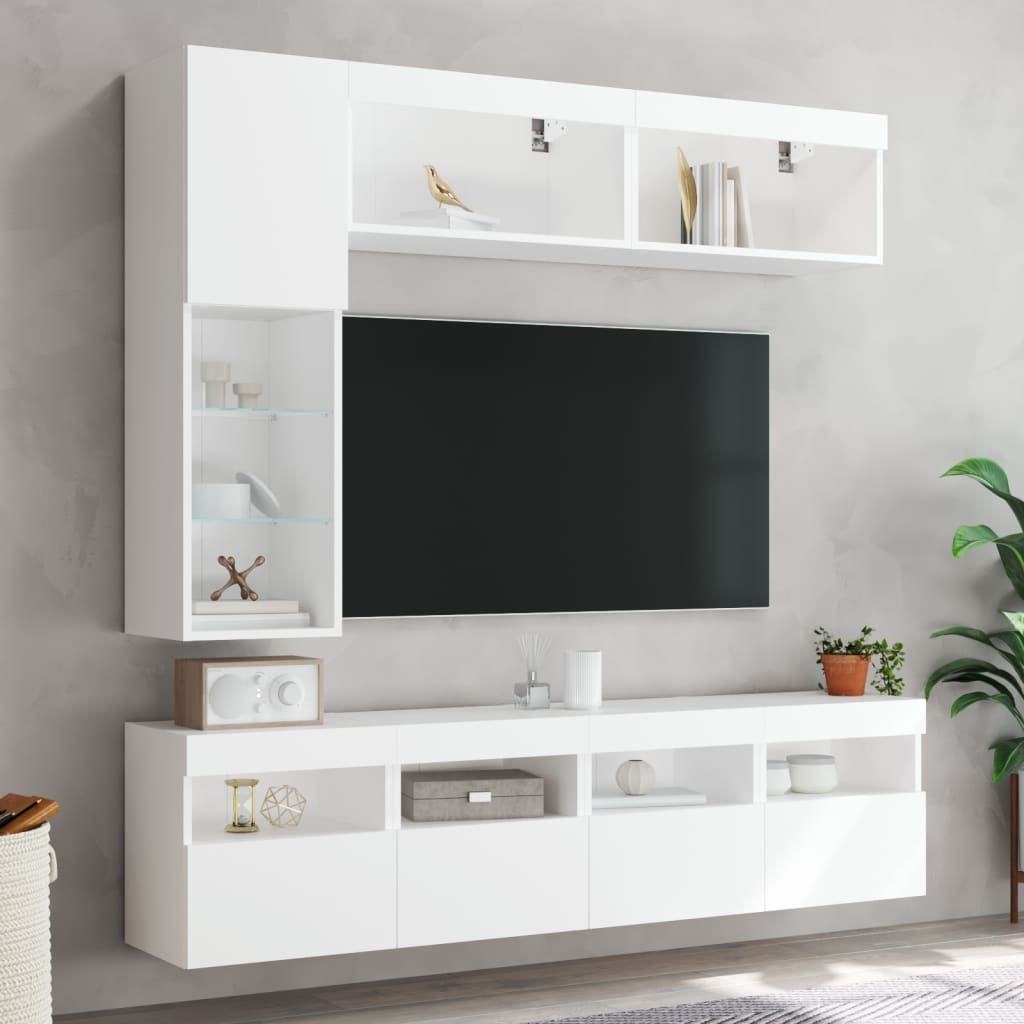 Pie sienas stiprināmi TV skapīši ar LED gaismām, 7 gab., balti