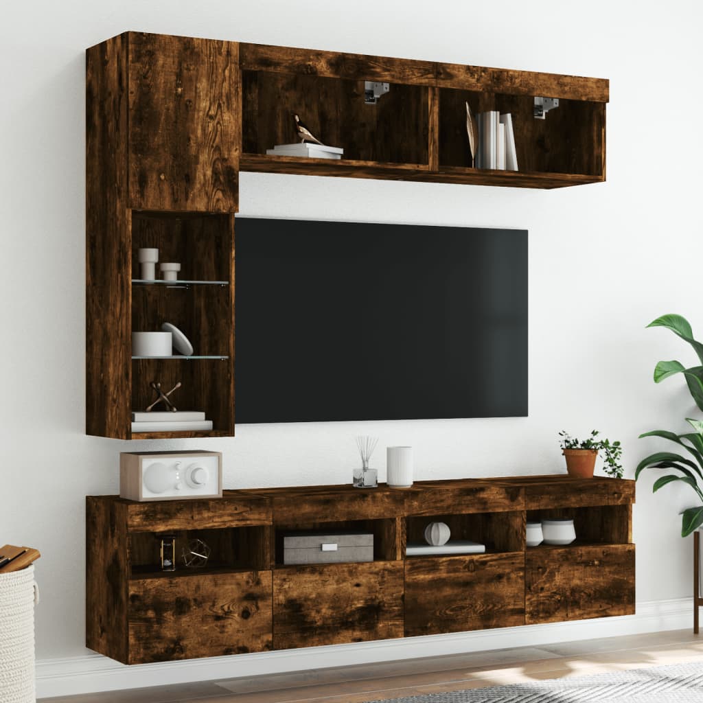 Sieninės TV spintelės su LED lemputėmis, 7vnt., dūminės ąžuolo