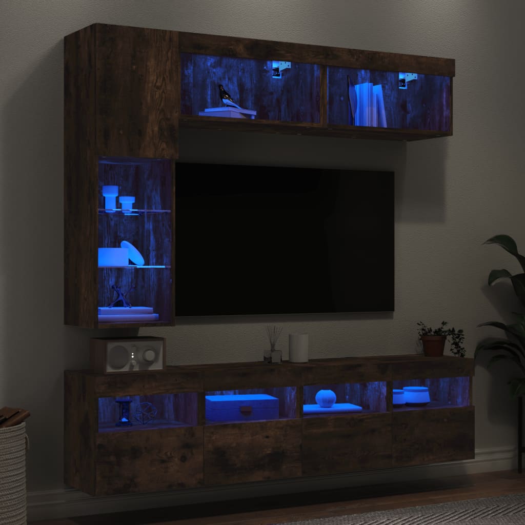 Sieninės TV spintelės su LED lemputėmis, 7vnt., dūminės ąžuolo