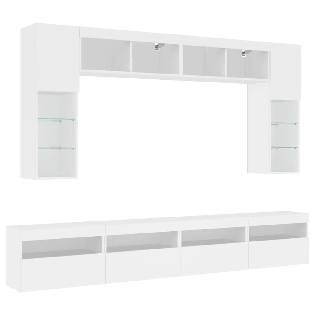 Sieninės TV spintelės su LED lemputėmis, 8vnt., baltos spalvos