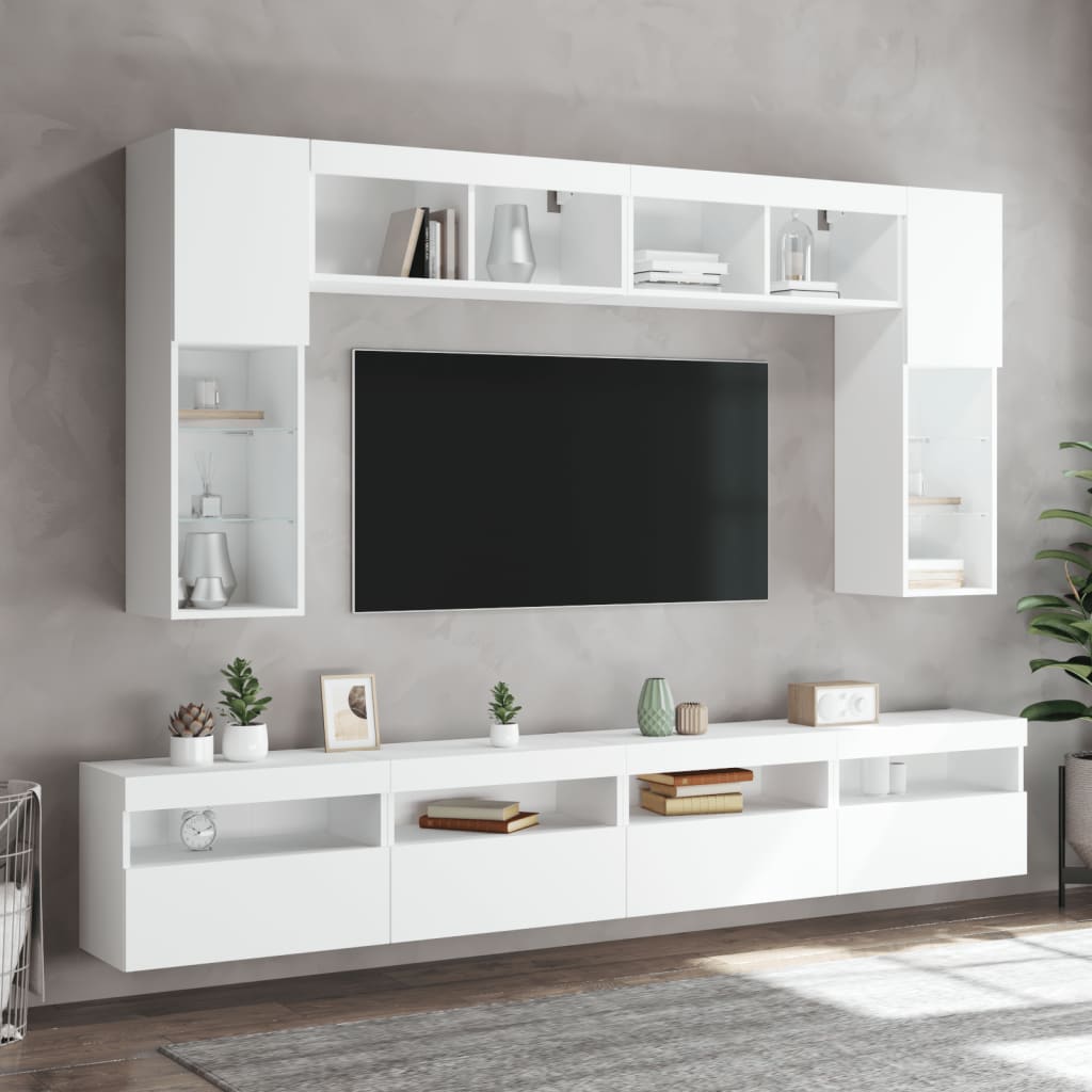 Sieninės TV spintelės su LED lemputėmis, 8vnt., baltos spalvos