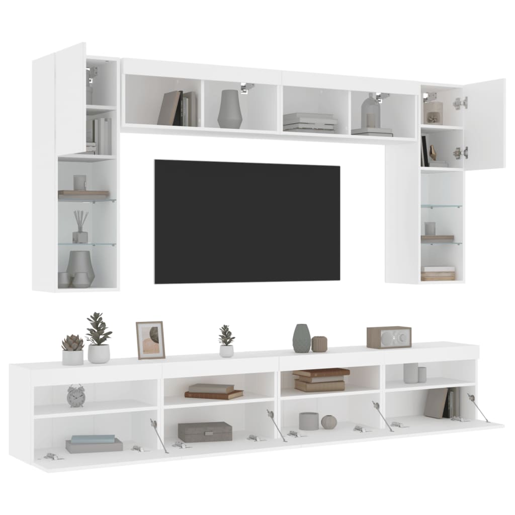 Sieninės TV spintelės su LED lemputėmis, 8vnt., baltos spalvos