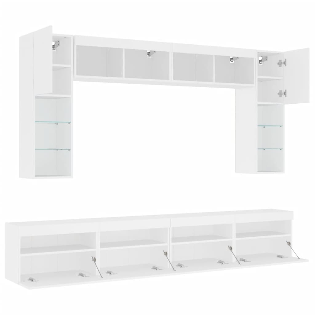 Sieninės TV spintelės su LED lemputėmis, 8vnt., baltos spalvos