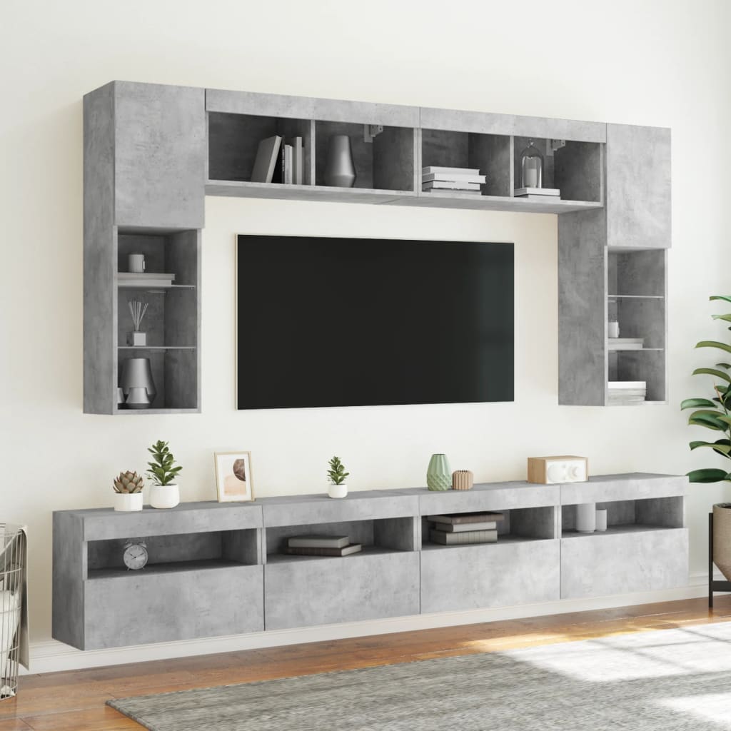 Sieninės TV spintelės su LED lemputėmis, 8vnt., betono pilkos