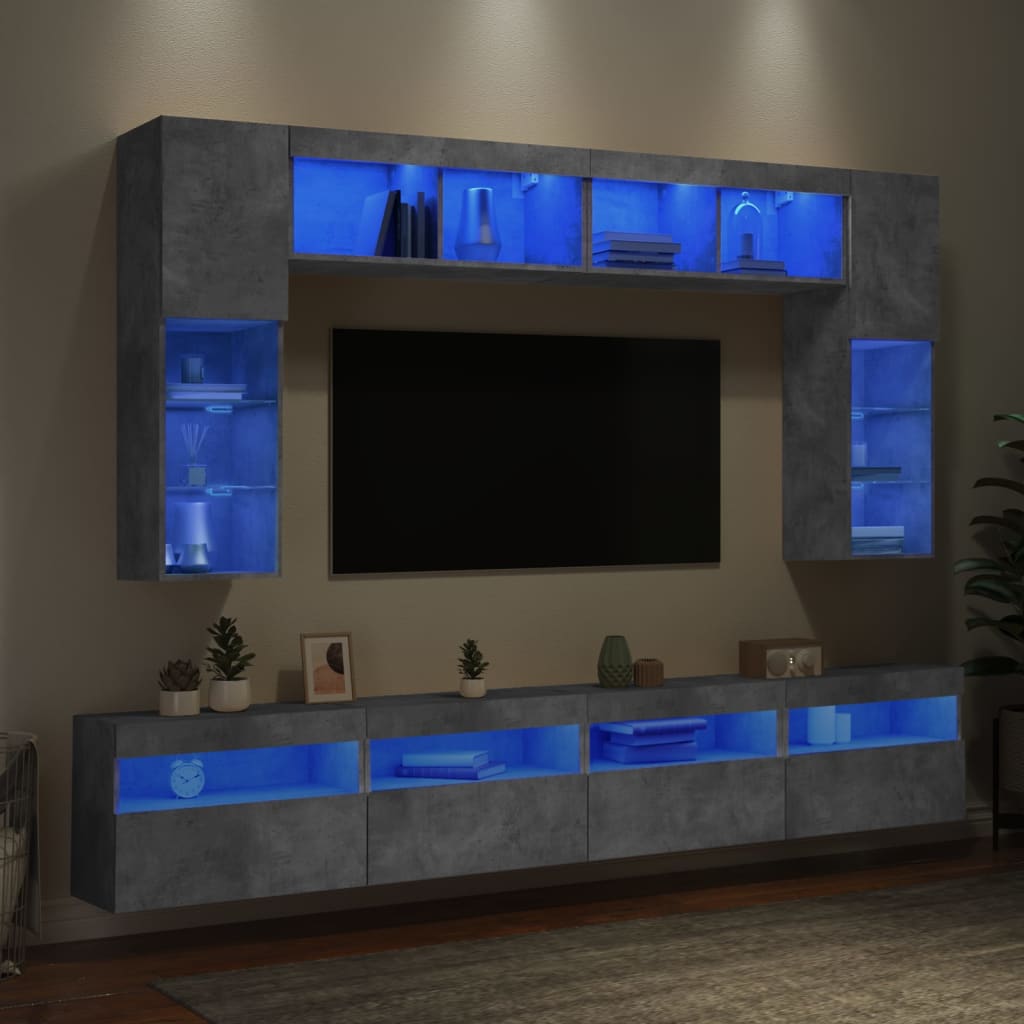 Sieninės TV spintelės su LED lemputėmis, 8vnt., betono pilkos