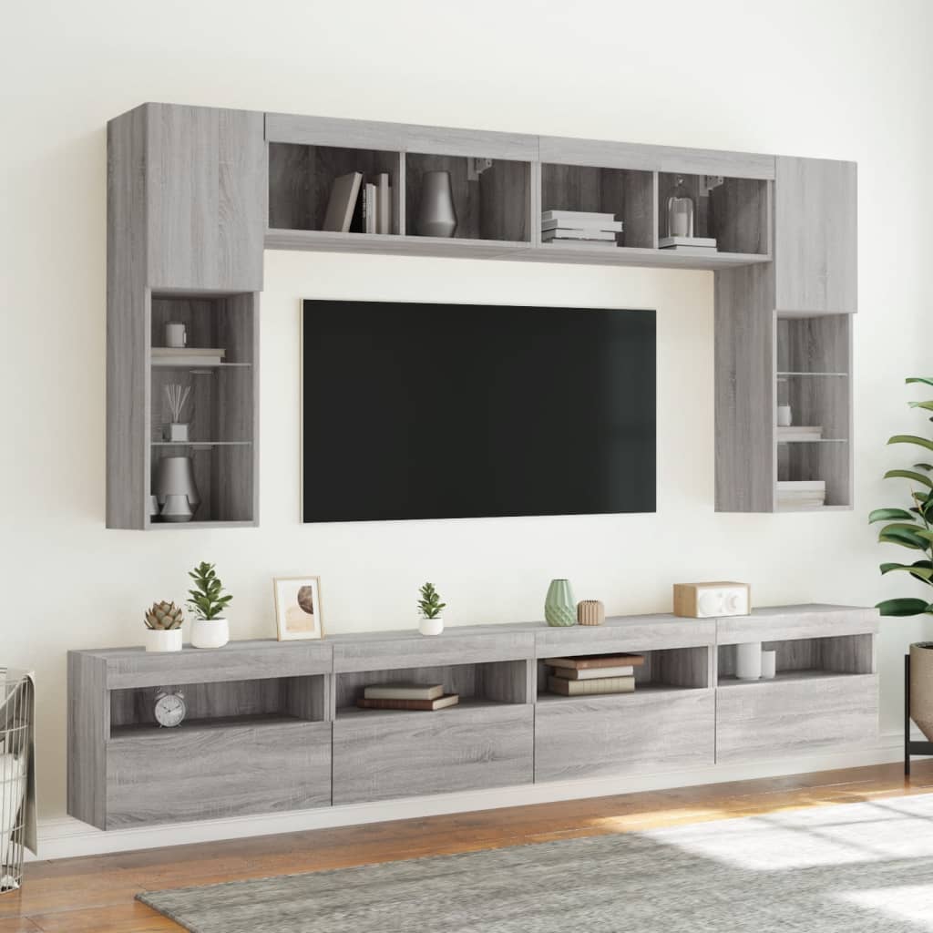 Sieninės TV spintelės su LED lemputėmis, 8vnt., pilkos ąžuolo