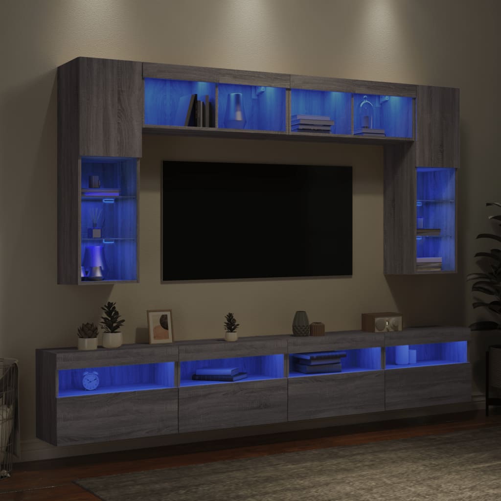 Sieninės TV spintelės su LED lemputėmis, 8vnt., pilkos ąžuolo