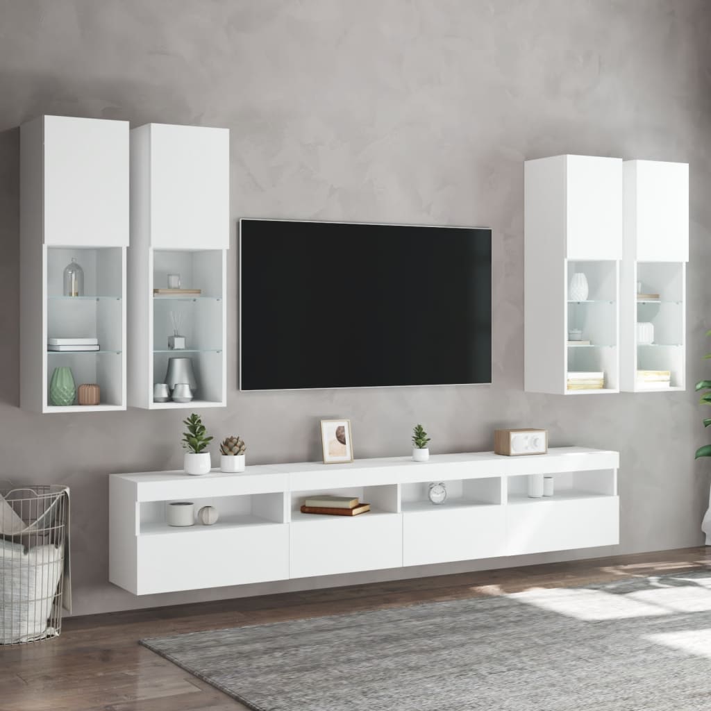 Pie sienas stiprināmi TV skapīši ar LED gaismām, 7 gab., balti