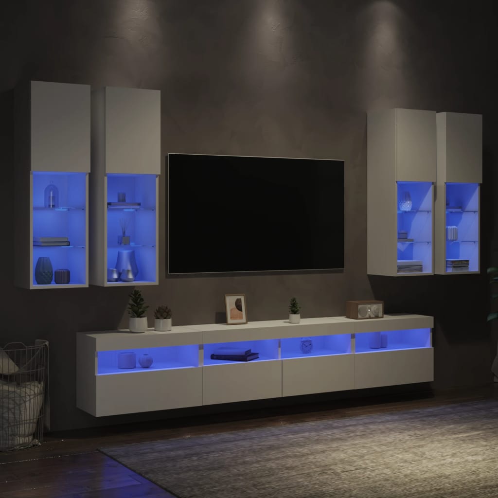 Pie sienas stiprināmi TV skapīši ar LED gaismām, 7 gab., balti