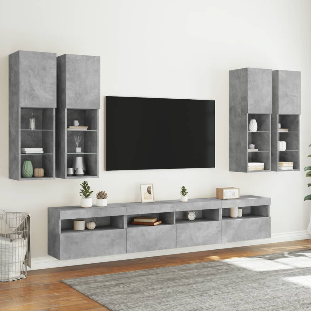 Sieninės TV spintelės su LED lemputėmis, 7vnt., betono pilkos
