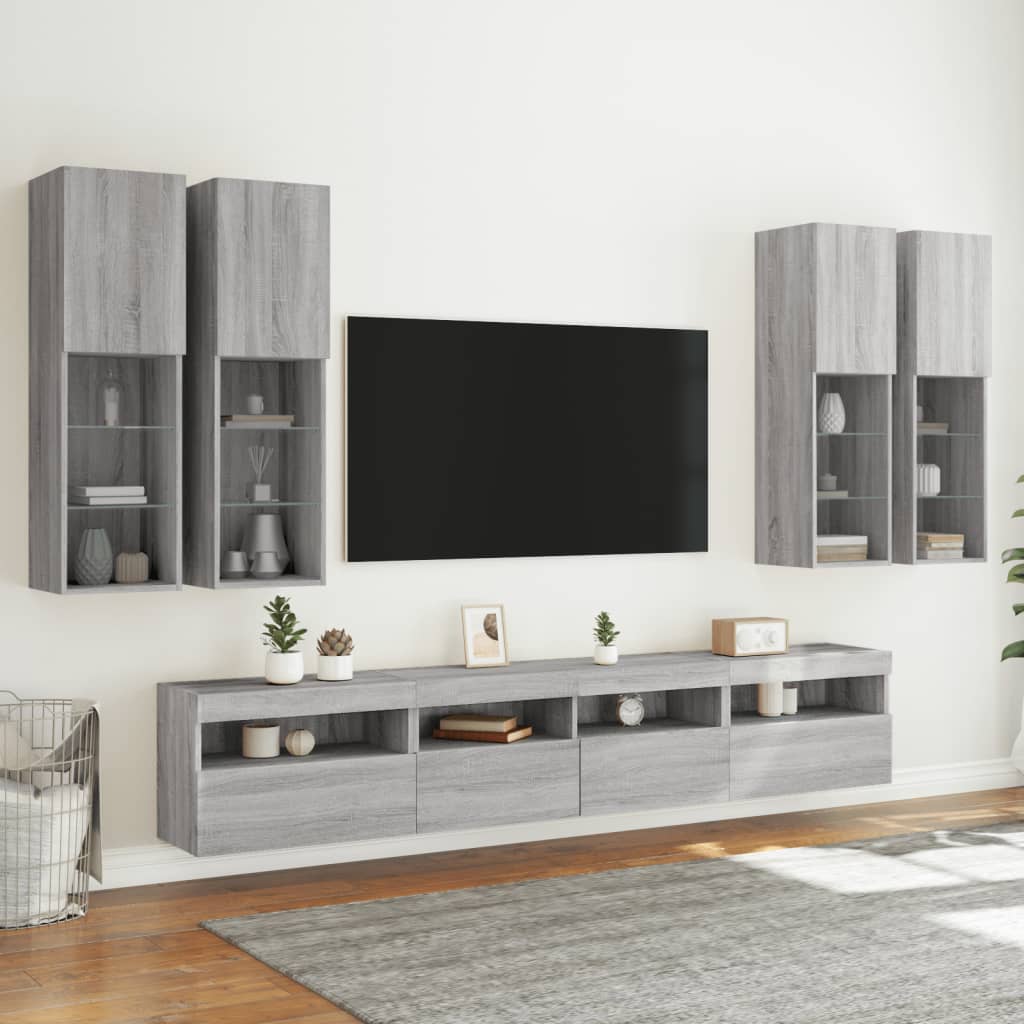 Sieninės TV spintelės su LED lemputėmis, 7vnt., pilkos ąžuolo