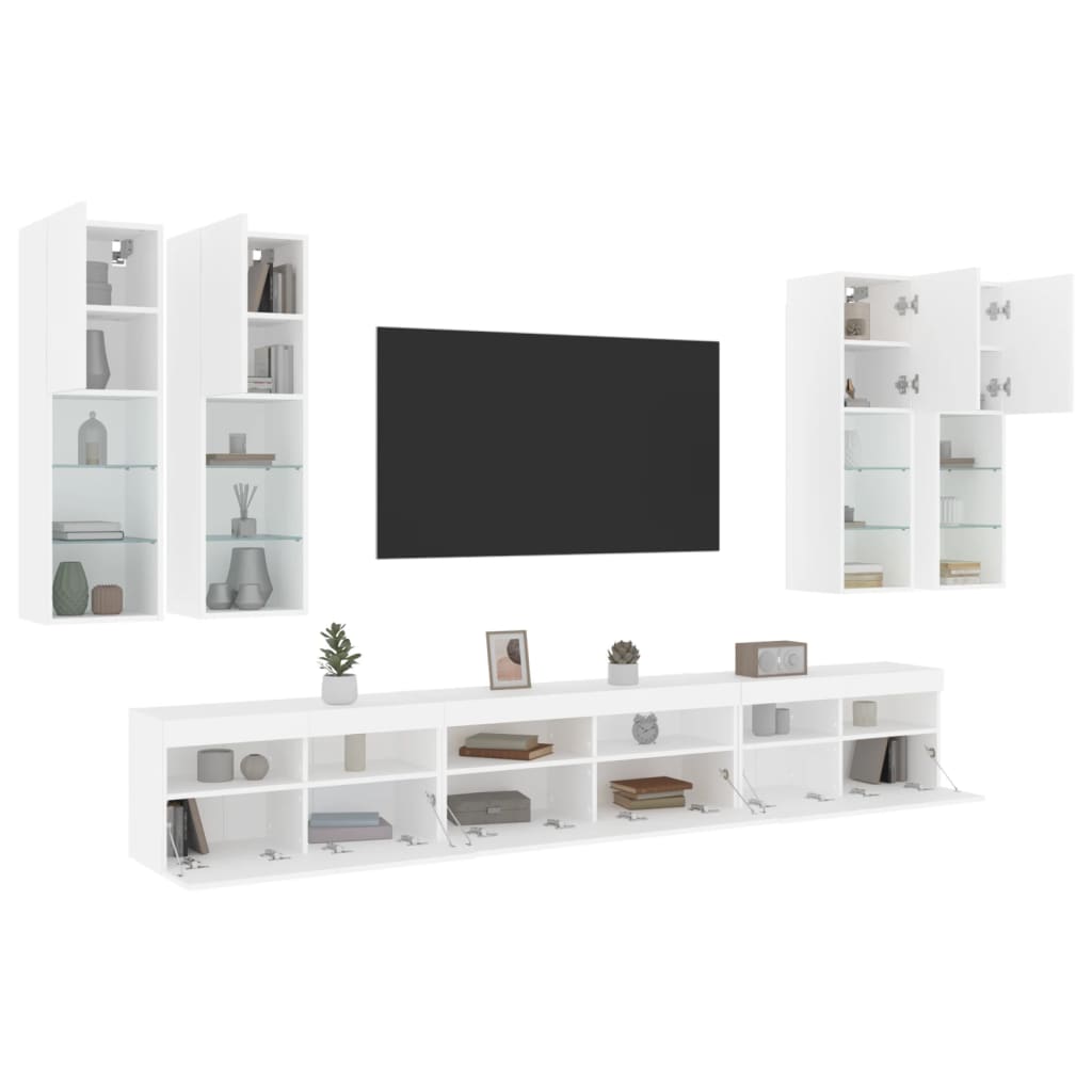 Sieninės TV spintelės su LED lemputėmis, 7vnt., baltos spalvos